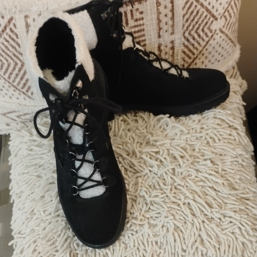 Marc Fisher Black Suede Lace Up Faux Fur Ankle Boots